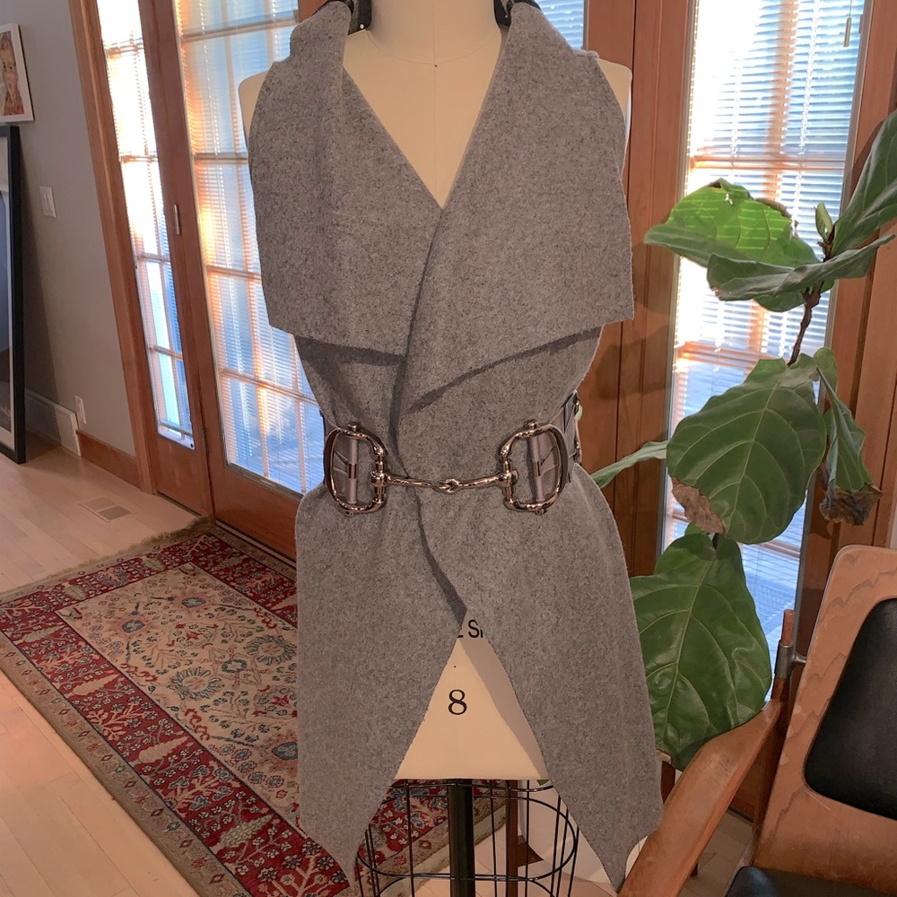 Grey felted wool long vest with portrait collar.